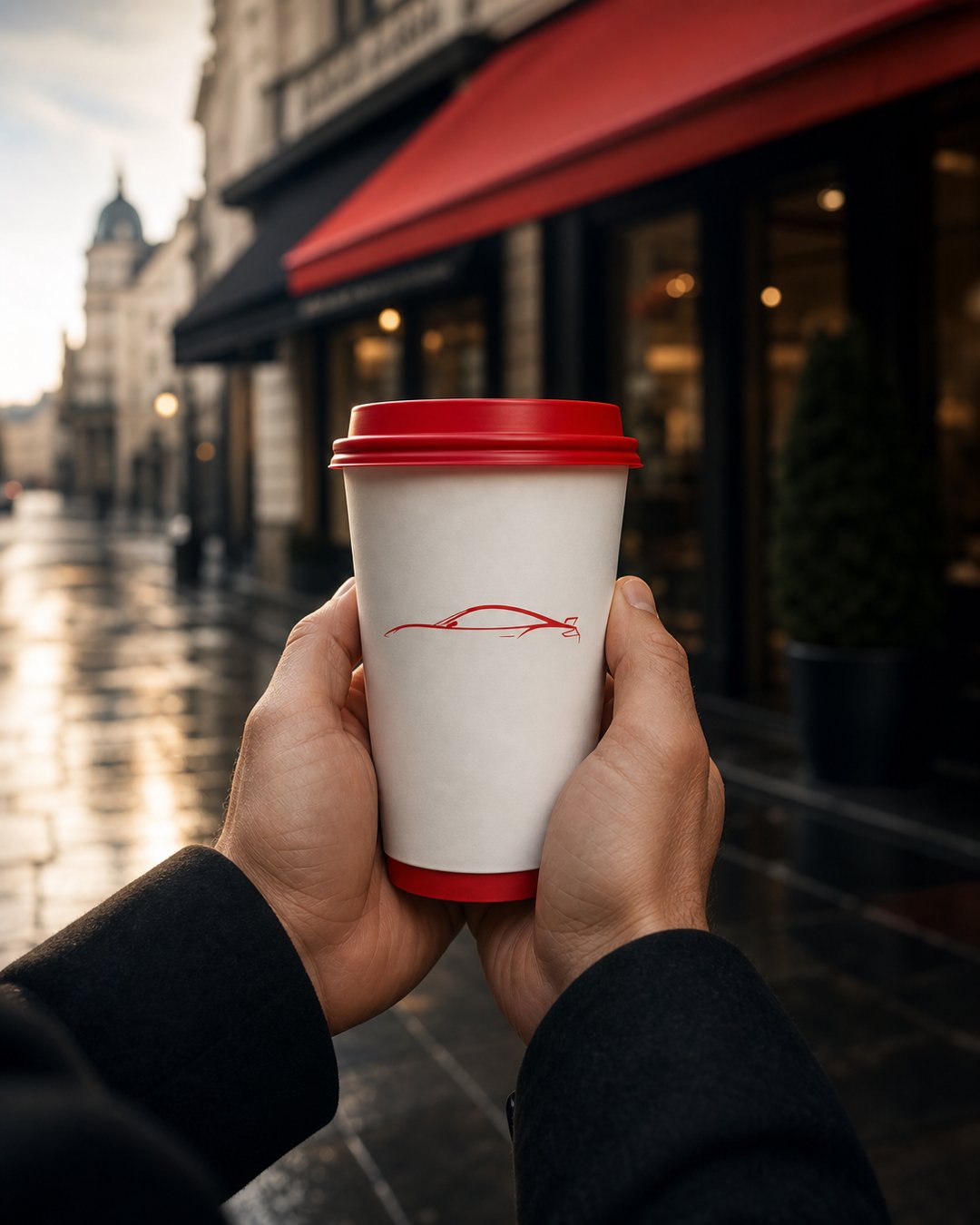 Hands holding branded takeaway coffee cup