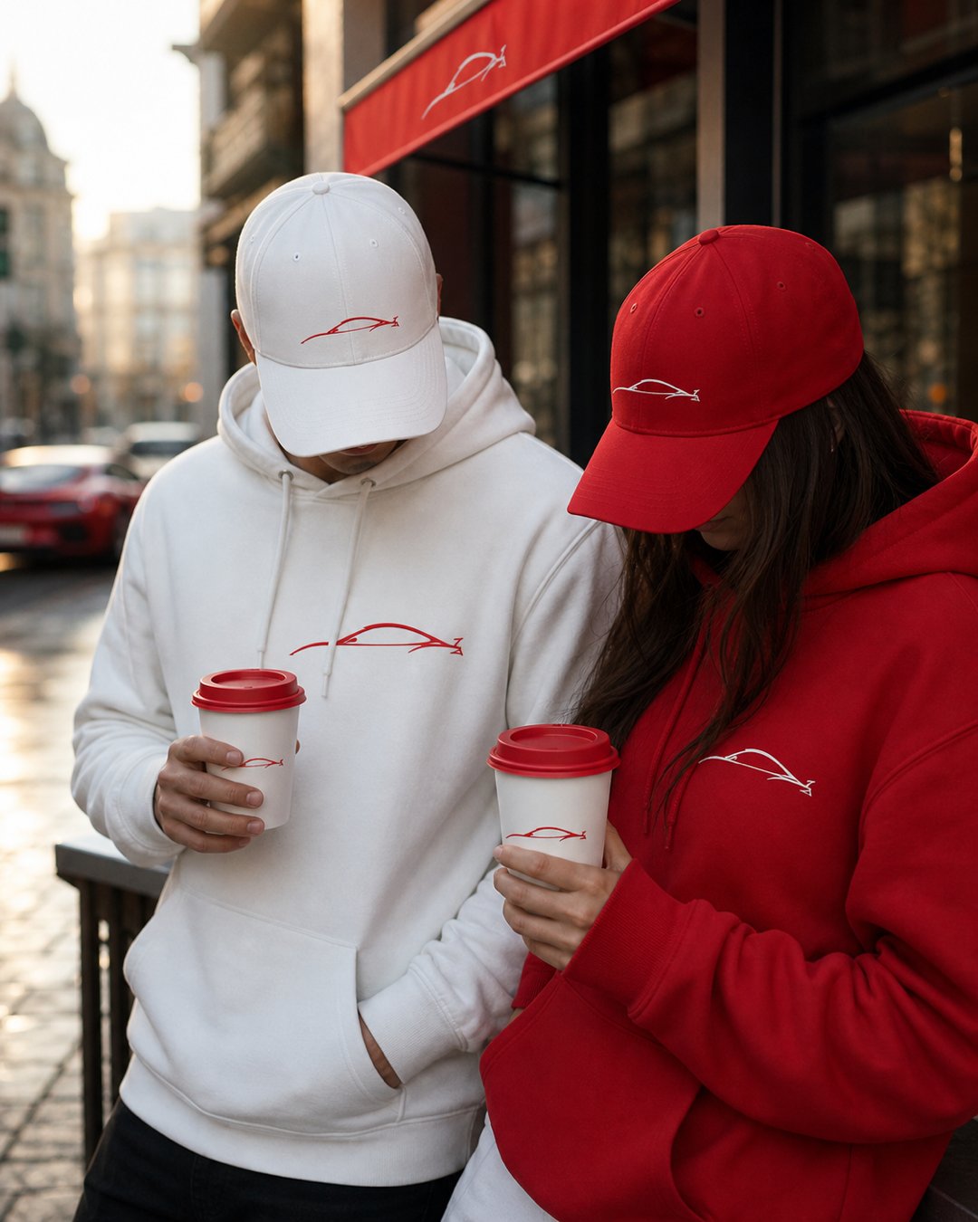 Couple in branded caps and hoodies