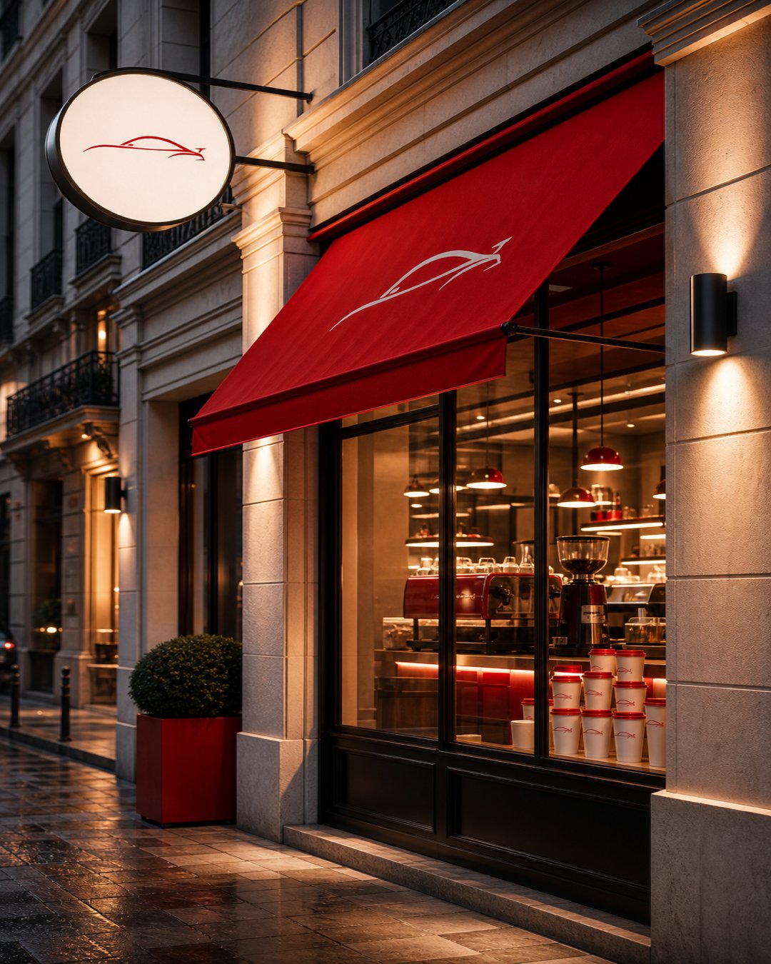 Coffee shop storefront at evening