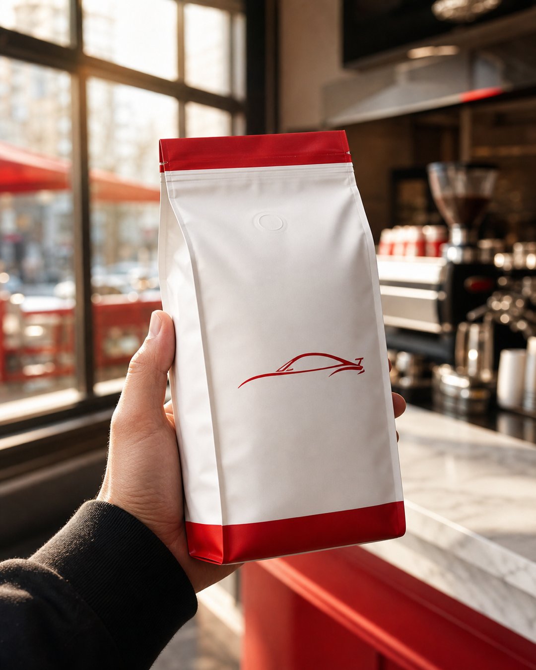 Hand holding branded retail coffee bag