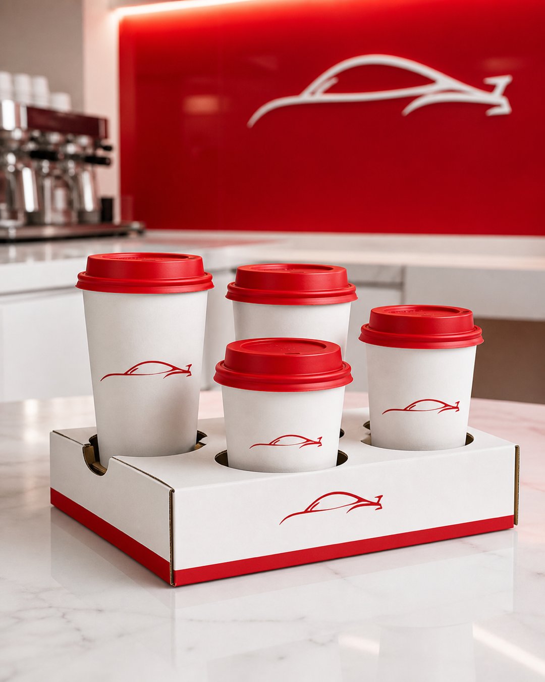 Four takeaway cups in branded carrier