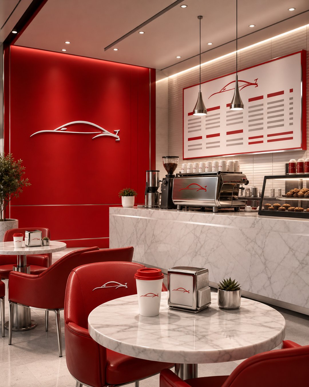 Cafe interior with branded wall and seating