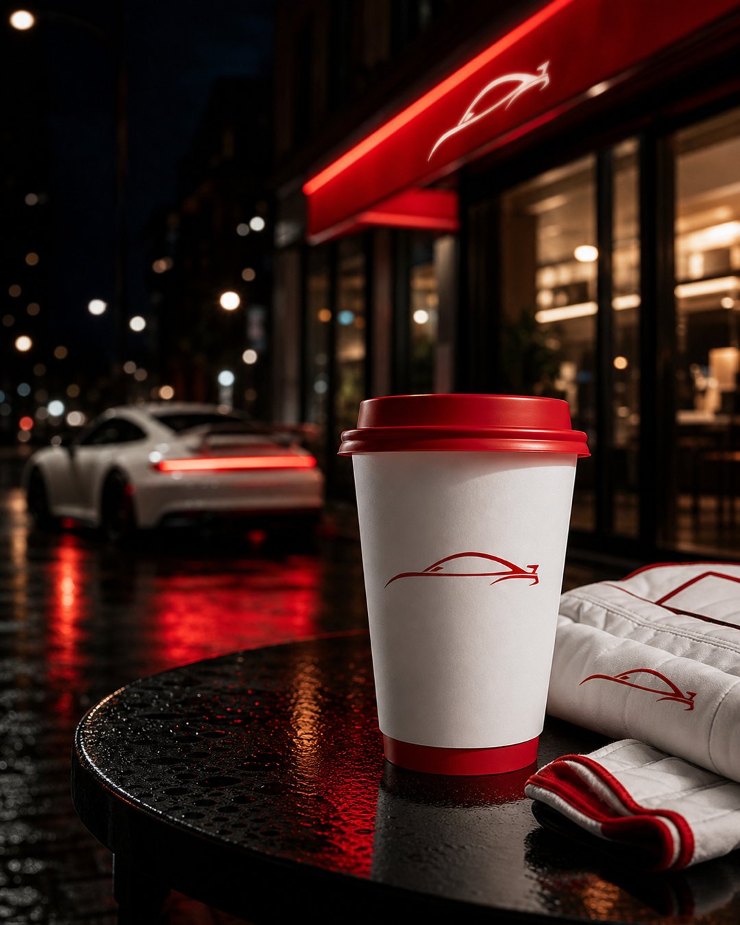 Night campaign poster with cup and sports coupe